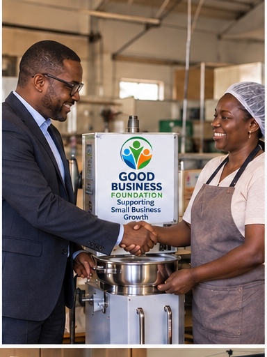 GBF staff handing over grant-funded equipment to a small business owner
