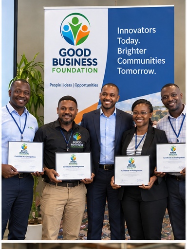 Entrepreneurs from a funded program holding their certificates together