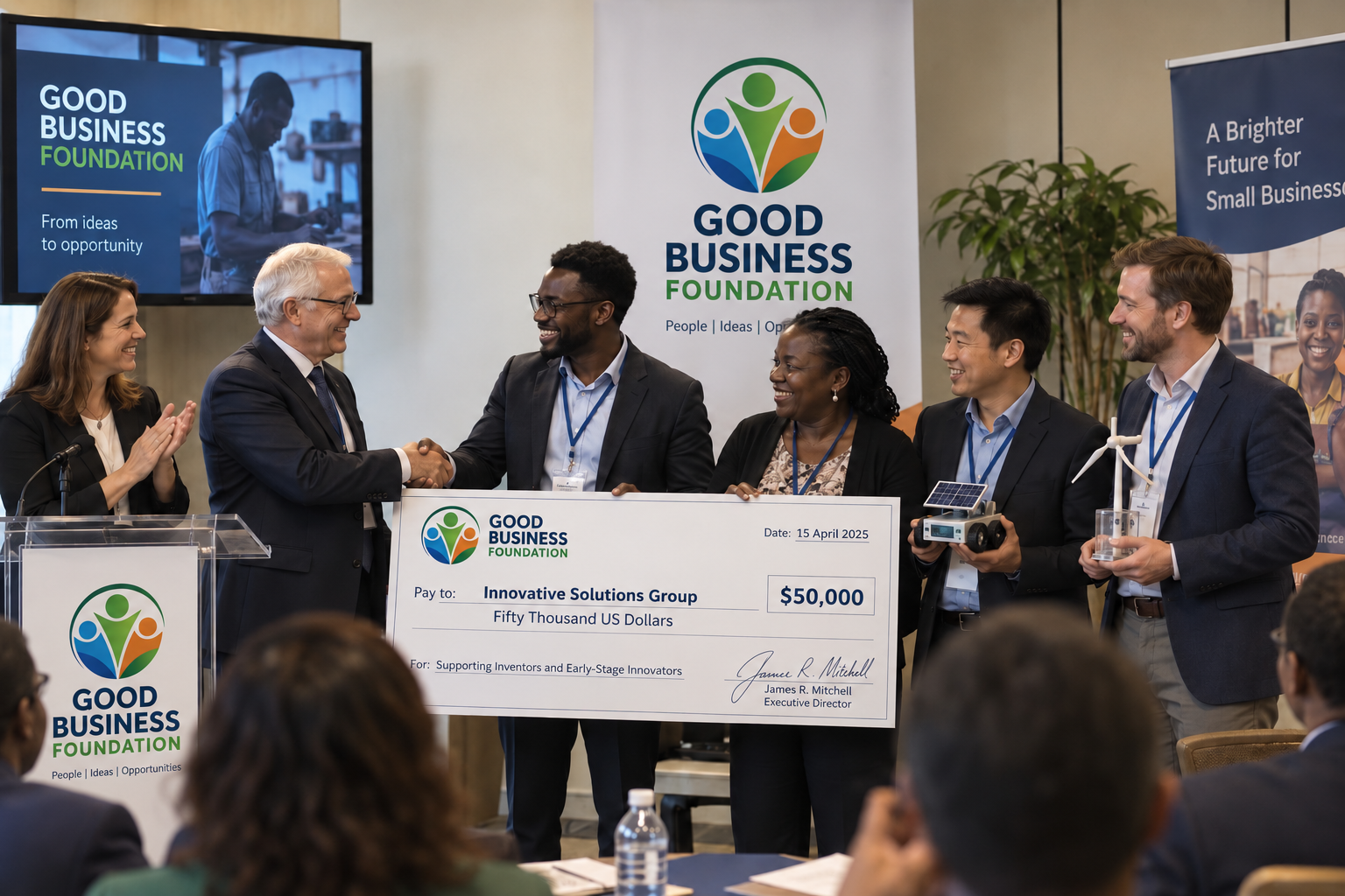 GBF members presenting a grant check to entrepreneurs at a program event